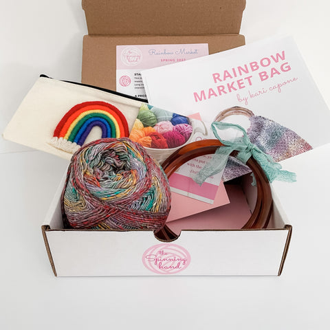 Rainbow market bag knitting kit from The Spinning Hand