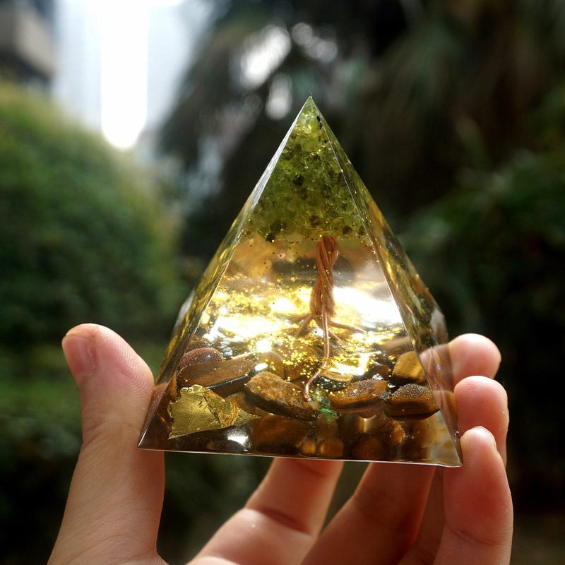 Tree of Life Orgone Pyramid With Tiger Eye Crystal stone