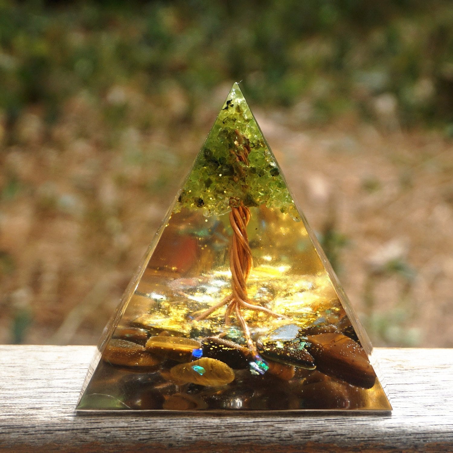 Tree of Life Orgone Pyramid With Tiger Eye Crystal stone