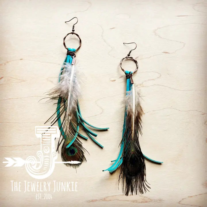 Xenia Turquoise Deer Skin Leather Tassel Earring Peacock Feather