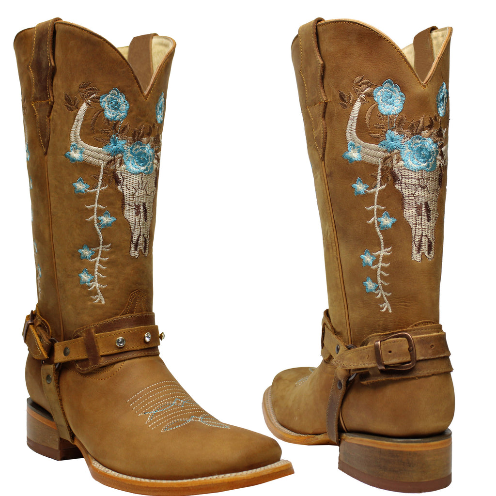 Women's Genuine Leather Cowgirl Boots Longhorn Square Toe Bota Cuero