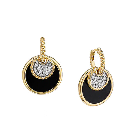 David Yurman Drop Earrings in 18K Yellow Gold with Pavé Diamonds and Black Onyx Reversible to Mother of Pearl