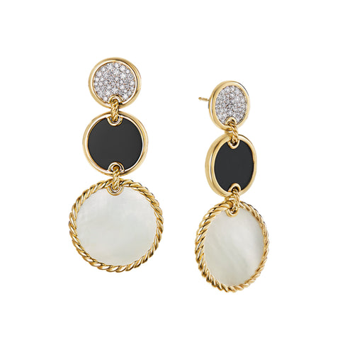 David Yurman Triple Drop Earrings in 18K Yellow Gold with Mother of Pearl, Black Onyx and Pavé Diamonds