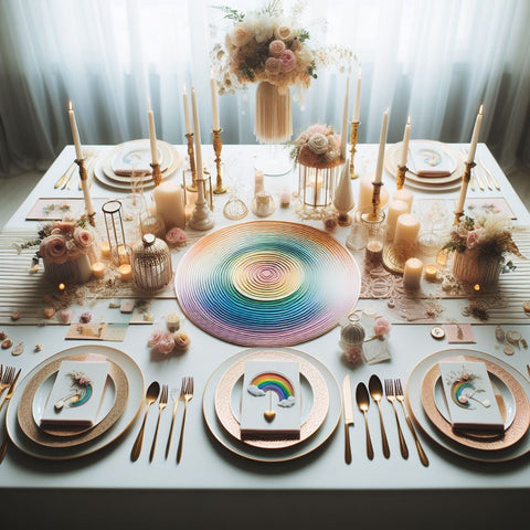 Gay rainbow creamy colours styling wedding table decor AI project Rovistella