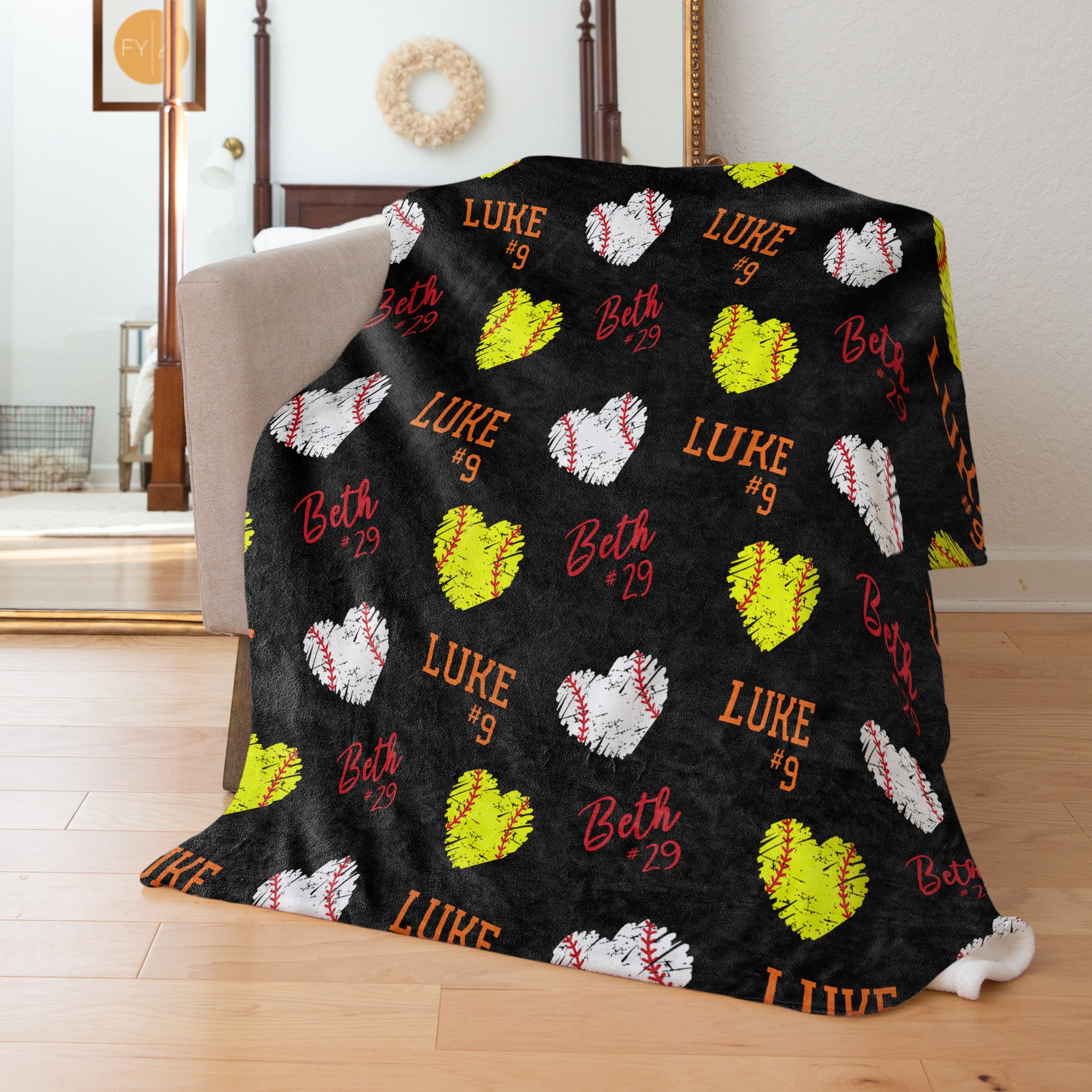 Repeating Names with Softball and Baseball Hearts - Personalized Blanket