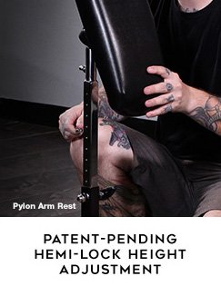 Image demonstrating the hemi-lock height adjustment on the Pylon Tattoo Arm Rest