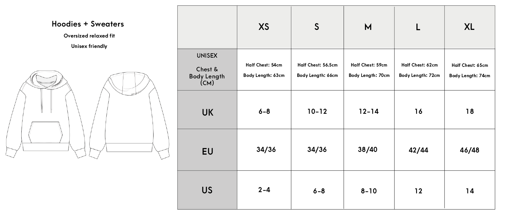 Size chart and guide for loungewear hoodies and sweaters