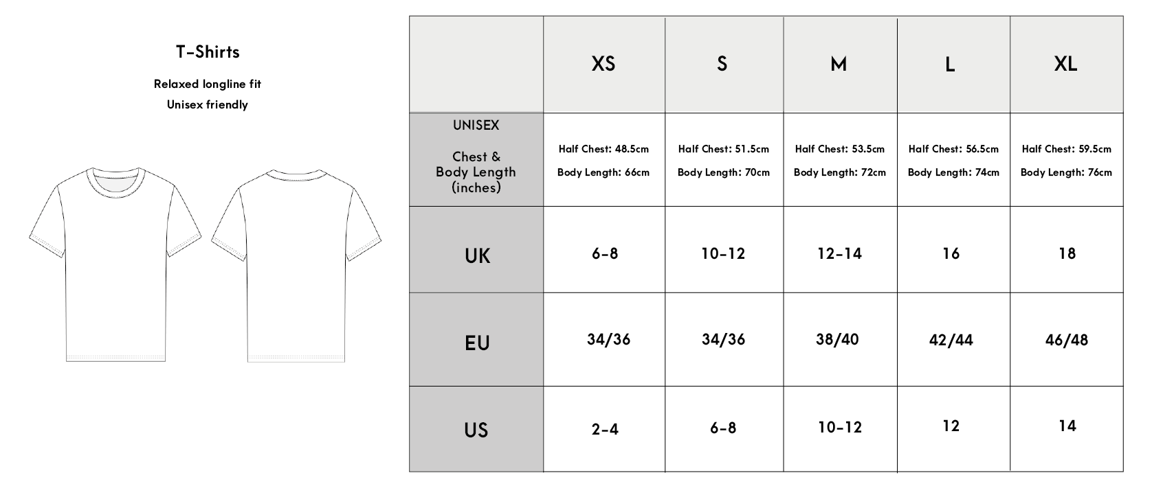 Size chart and guide for loungewear t-shirts