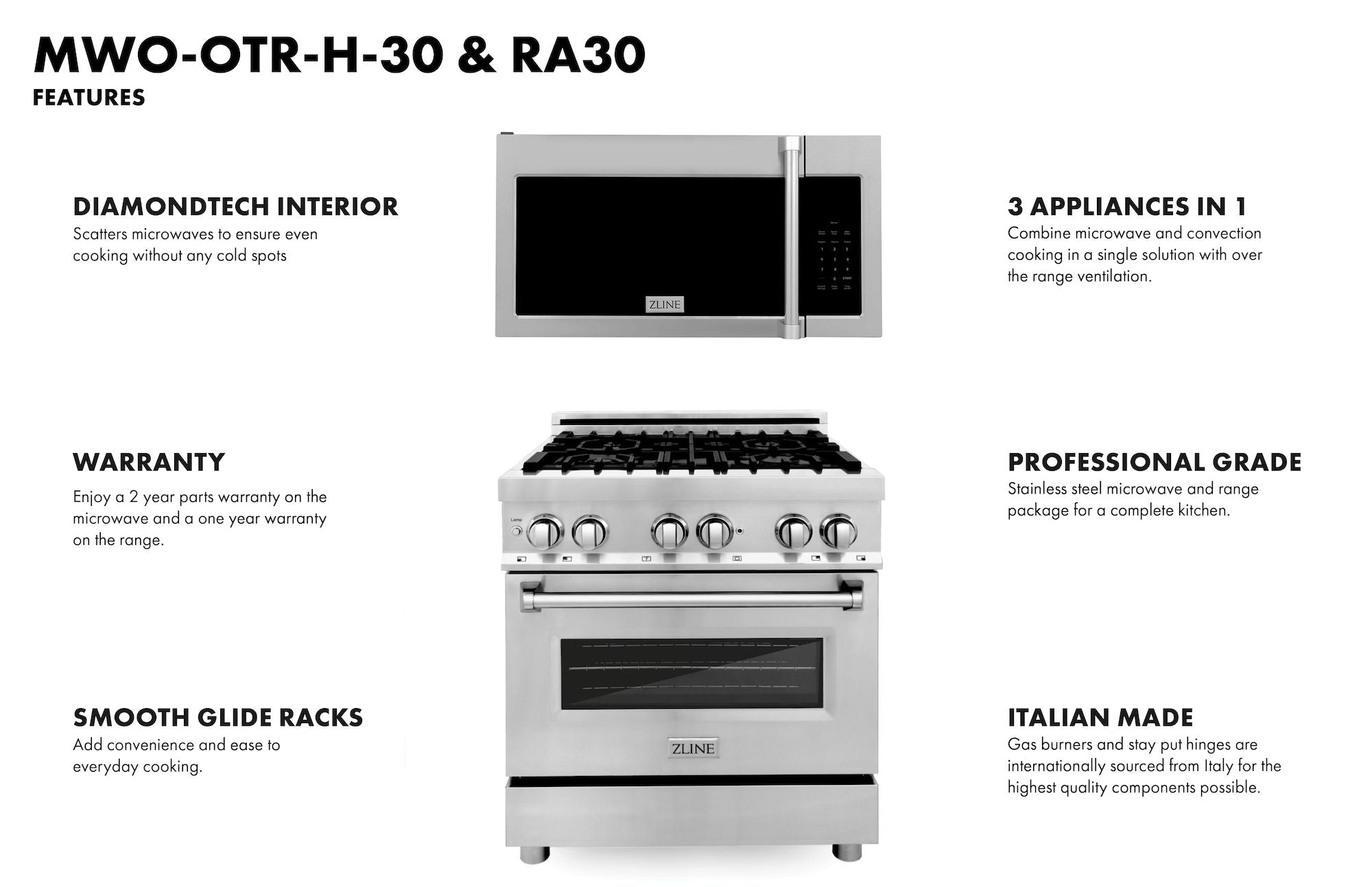 ZLINE Over-the-Range Microwave with Traditional Handle & ZLINE 30" Dual Fuel Range with Gas Stovetop and Electric Convection Oven