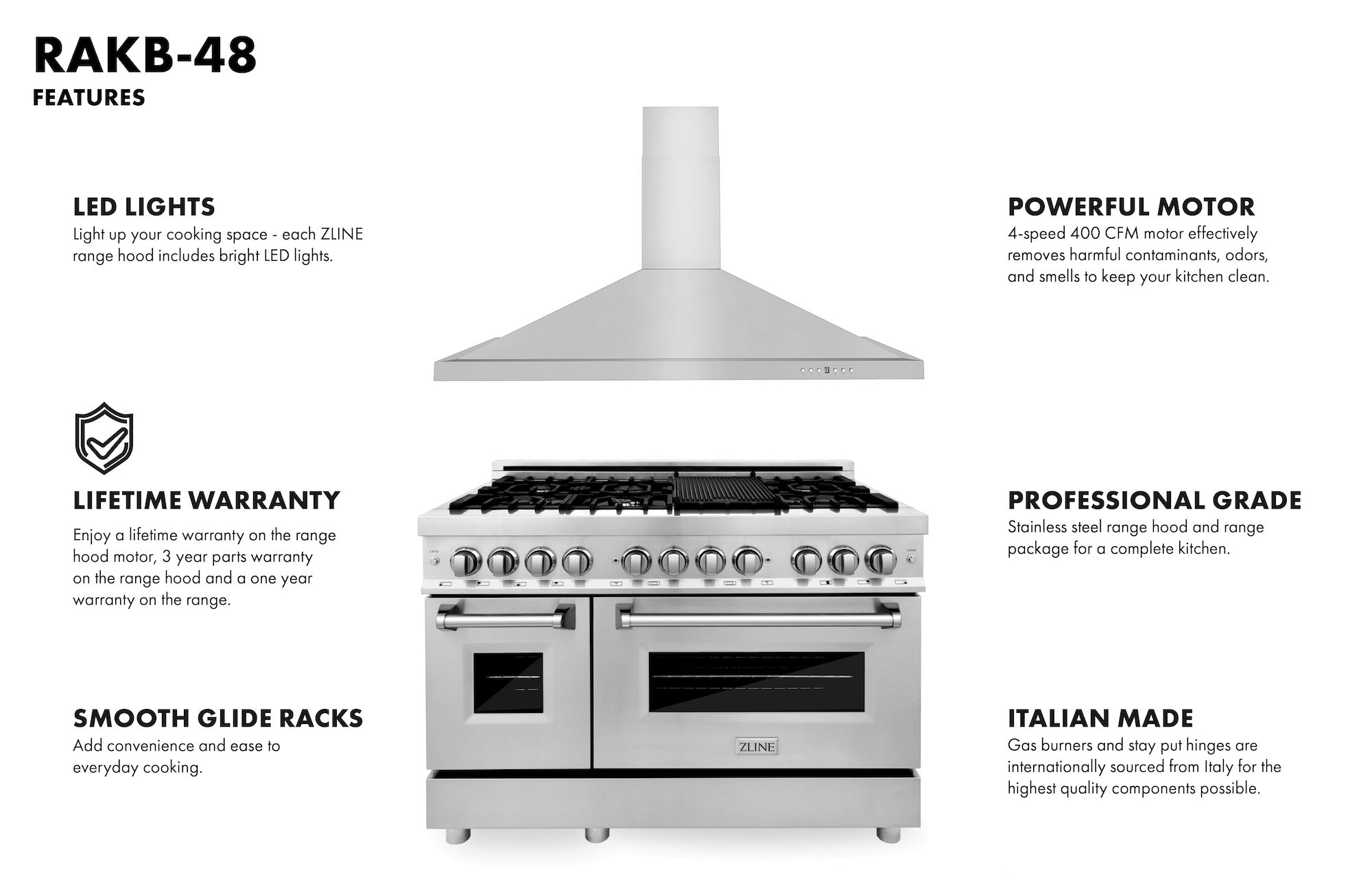 48" ZLINE 2-Piece Kitchen Appliance Package with 48" Dual Fuel Range (RA48) & Wall Mount Range Hood (KB)