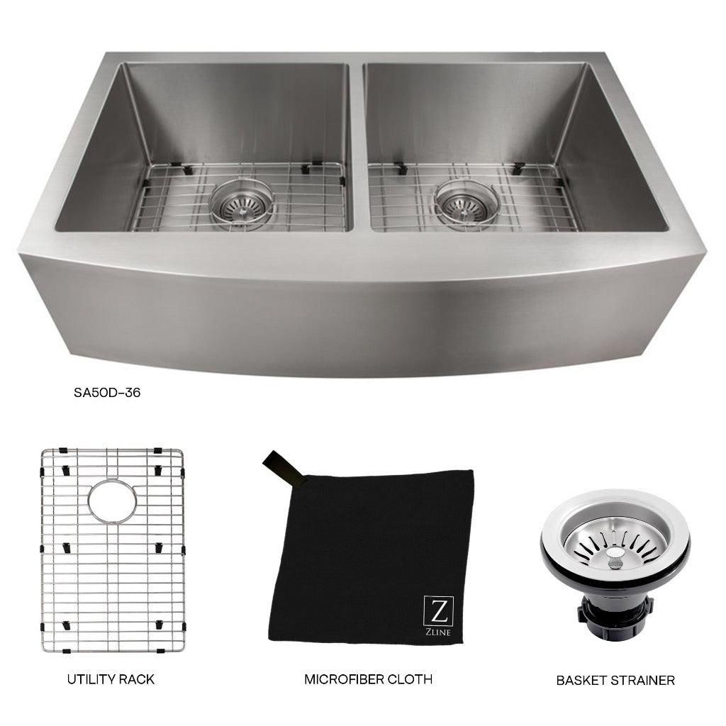 Zline 36 In Niseko Farmhouse Apron Mount Double Bowl Kitchen Sink Wit