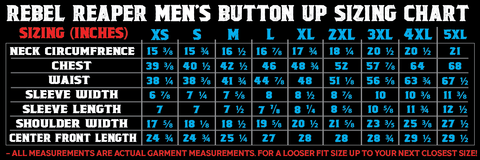 rebel reaper button up shirt size chart