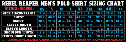 rebel reaper polo shirt size chart