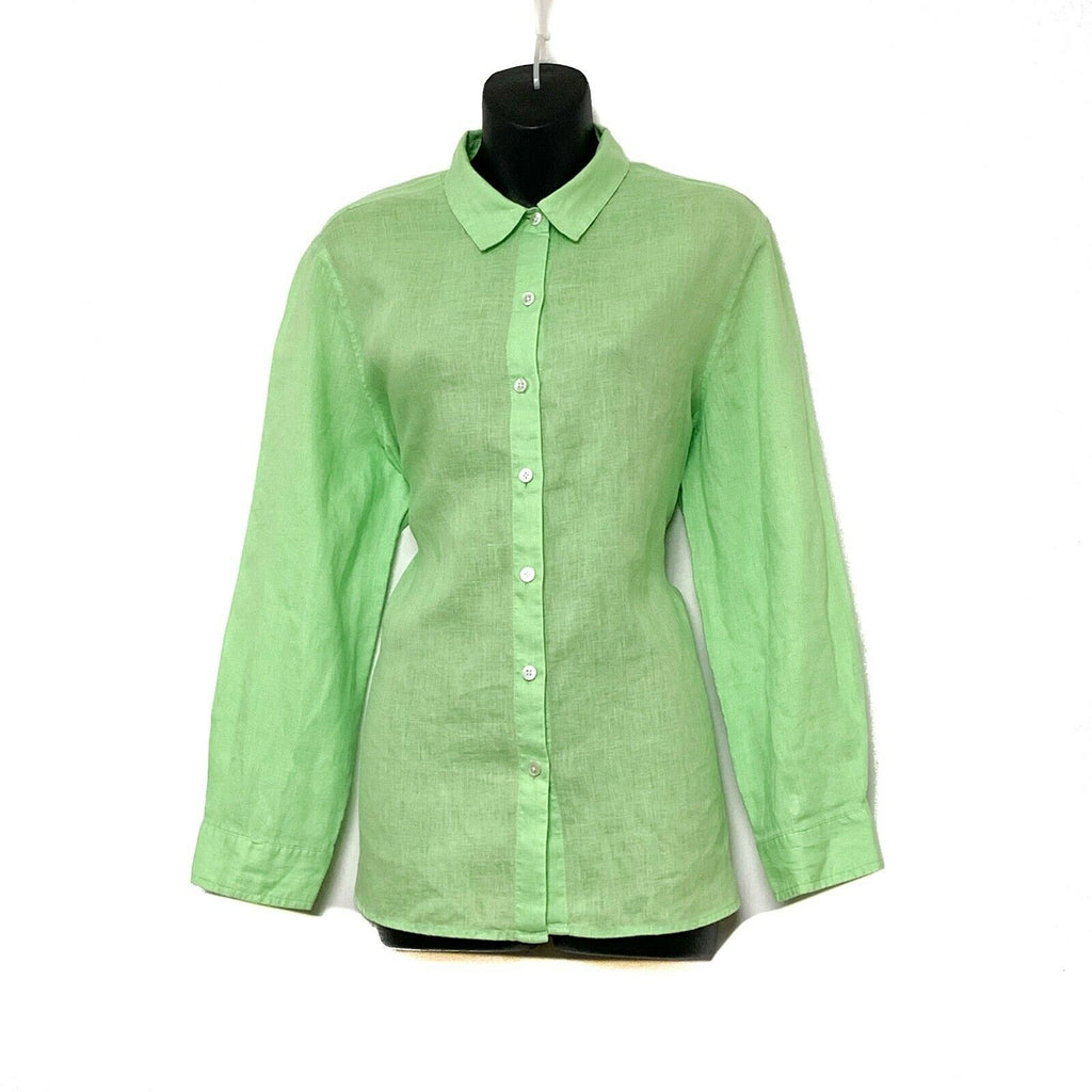 J. Jill Womens Long Sleeve Button Up Lime Green Linen Shirt Size M Petite