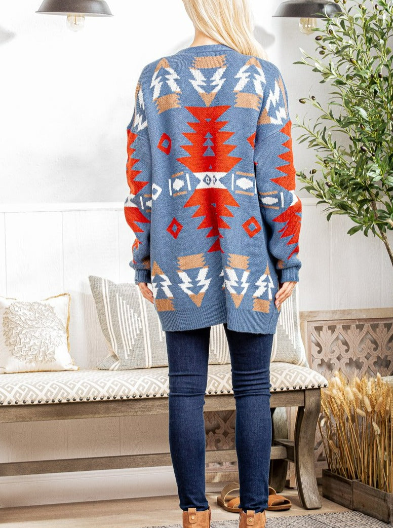 Positive Energy Aztec Oversized Long Knit Cardigan Sweater Teal