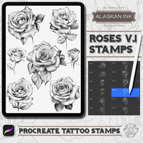 120 Roses Tattoo V1 Procreate brushes and stamp for iPad by Alaskan Ink Studio