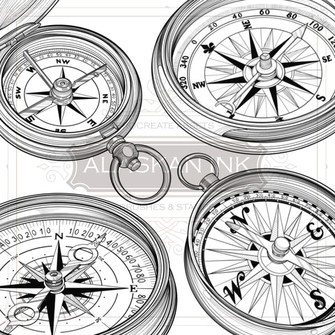 30 Compass Tattoo Brushes for Procreate application by ALaskan Ink Studio
