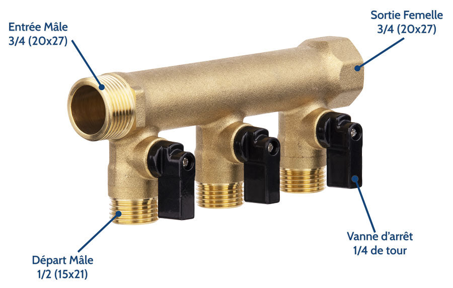 Collecteur mâle/femelle (3 départs) à visser avec vannes intégrées