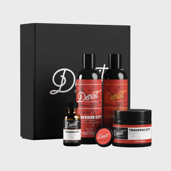 Detroit Grooming beard bundle, including wash, conditioner, oil, butter, and solid cologne