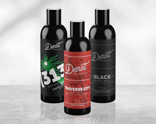 the three beard wash products of detroit grooming up close 