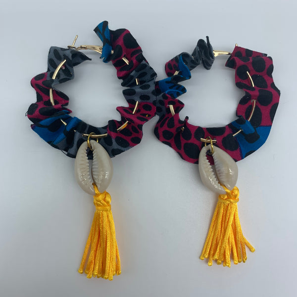 African Print W/Shell Earrings-Ruffle Hoops Black Variation 2 - Lillon Boutique