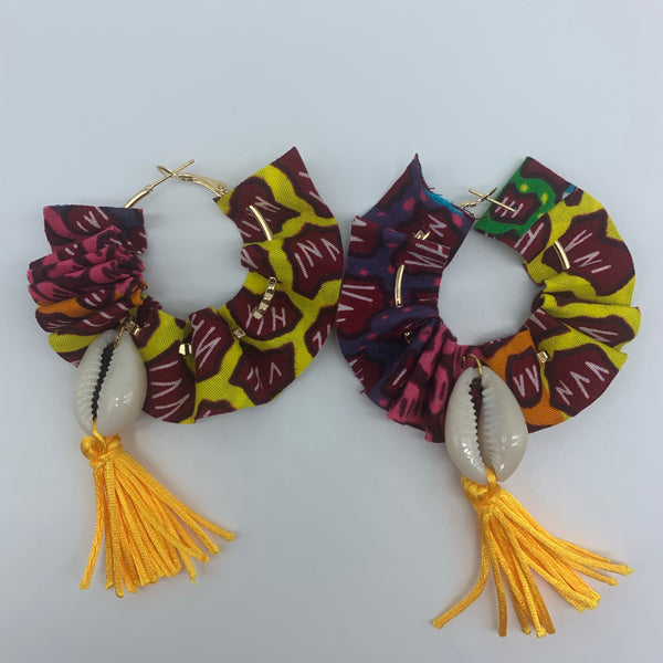 African Print W/Shell Earrings-Ruffle Hoops Red Variation - Lillon Boutique