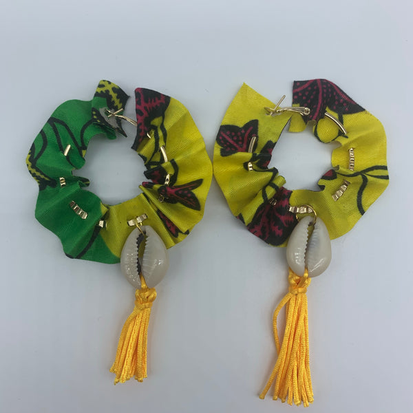 African Print W/Shell Earrings-Ruffle Hoops Yellow Variation - Lillon Boutique