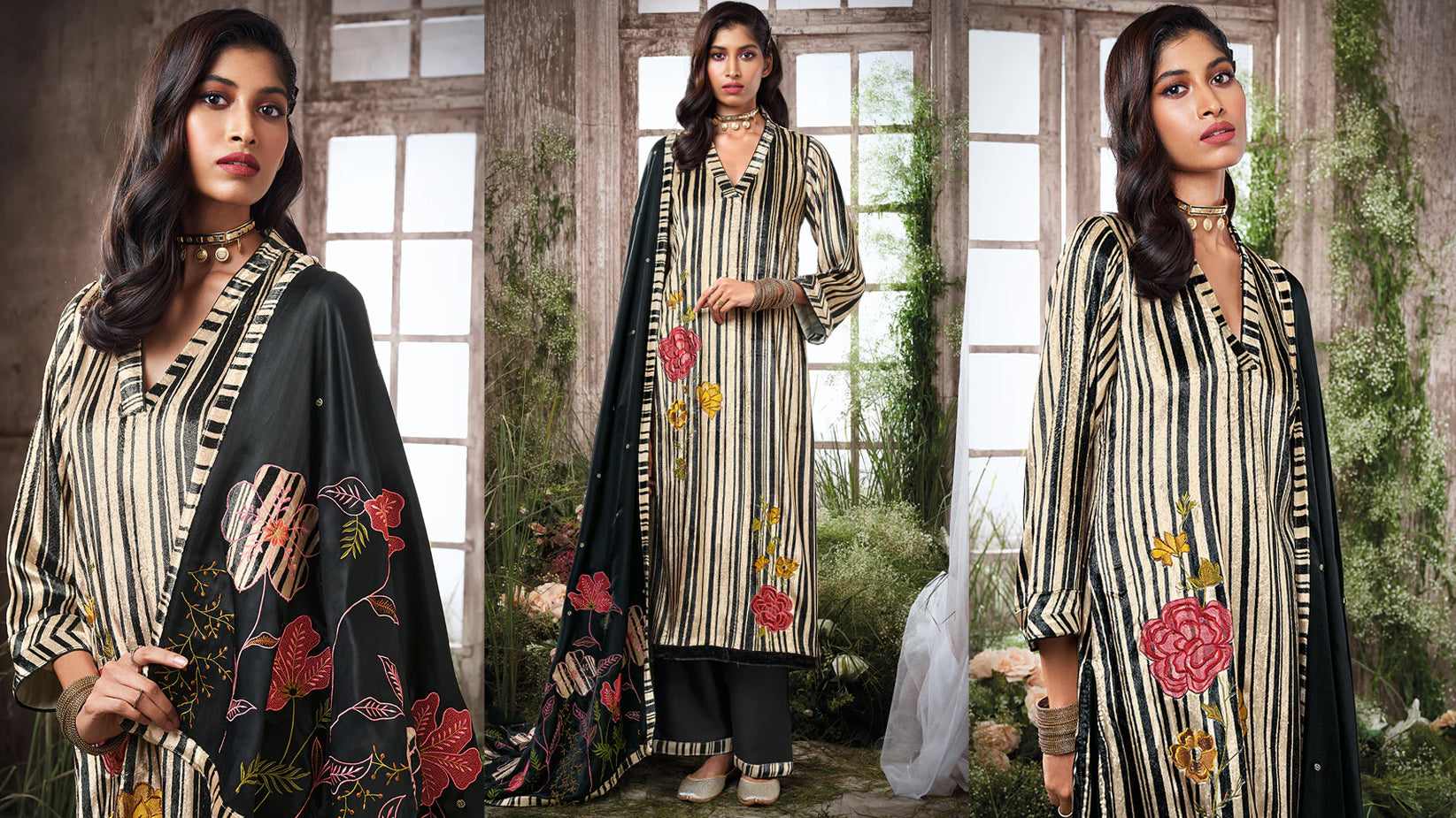 Black and Cream Silk Velvet Salwar Suit