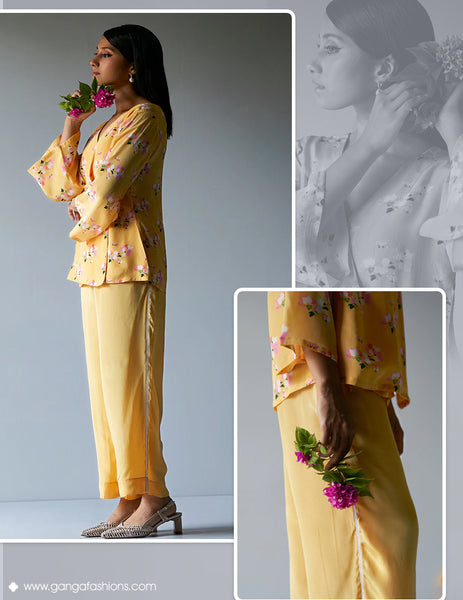 Yellow Crepe Silk Printed Co-ord Set With Detailing Lace Work on Bottom Seam Line