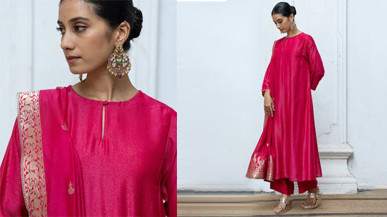 Bright rose pink zari woven bemberg silk salwar suit