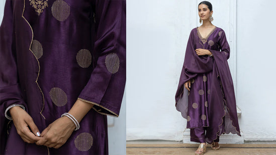 Deep purple golden embroidered salwar suit