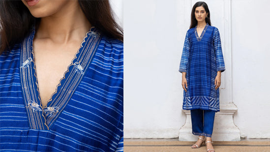 Classic blue silk handmade Tussar silk shibori co-ord set