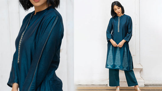 Corsair blue silk handmade tussar silk Shibori co-ord set
