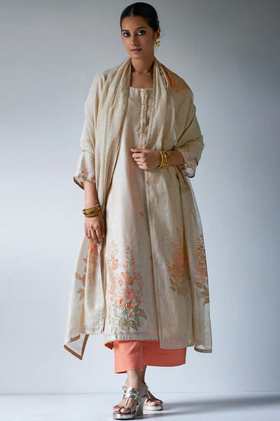 Beige woven kurta suit set with delicate handwork and embroidery