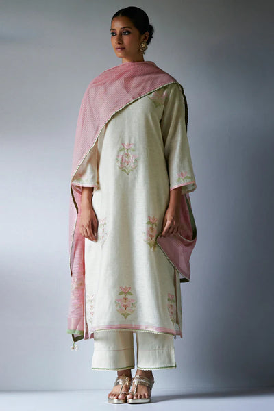 Birch Cream woven kurta suit set with handwork