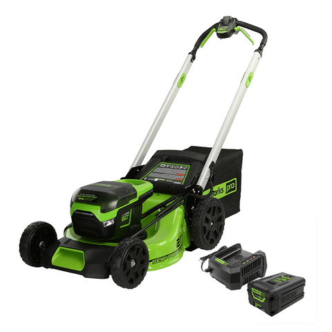 Image Alt Text: 60V 21-inch Brushless Self-Propelled Lawn Mower with 5.0Ah Battery and Rapid Charger – Efficient and fast-charging mowing solution.