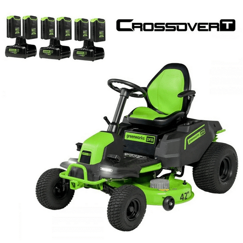 Image Alt text: 60V 42" Crossover T Tractor Riding Lawn Mower, (6) 8.0Ah Batteries and (3) Dual Port Turbo Chargers