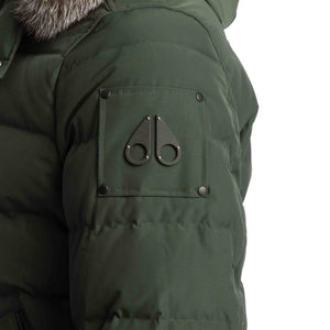 Moose Knuckles Scotchtown Bomber in Army Green with Grey Fur Trimmed Hood