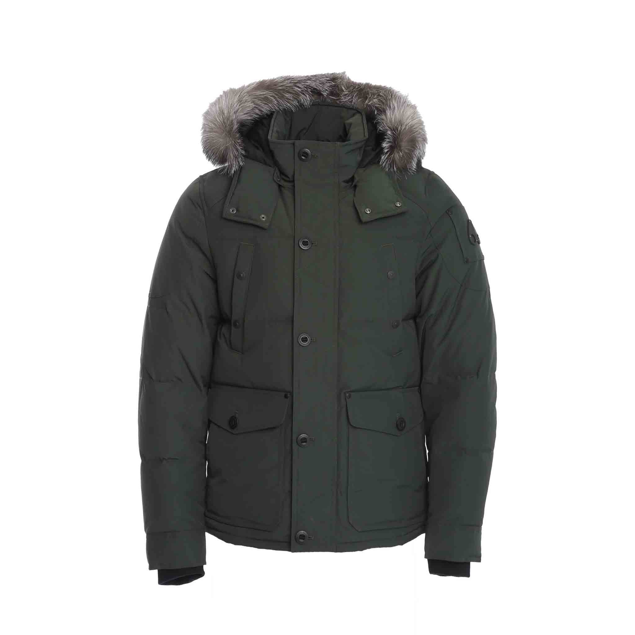 Moose Knuckles Mens Round Island Jacket in Army Green/ Frost Fur Trimmed Hood