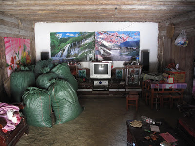 Bags of maocha stacked in a farmers living room. Luo Shui Dong, Yiwu.