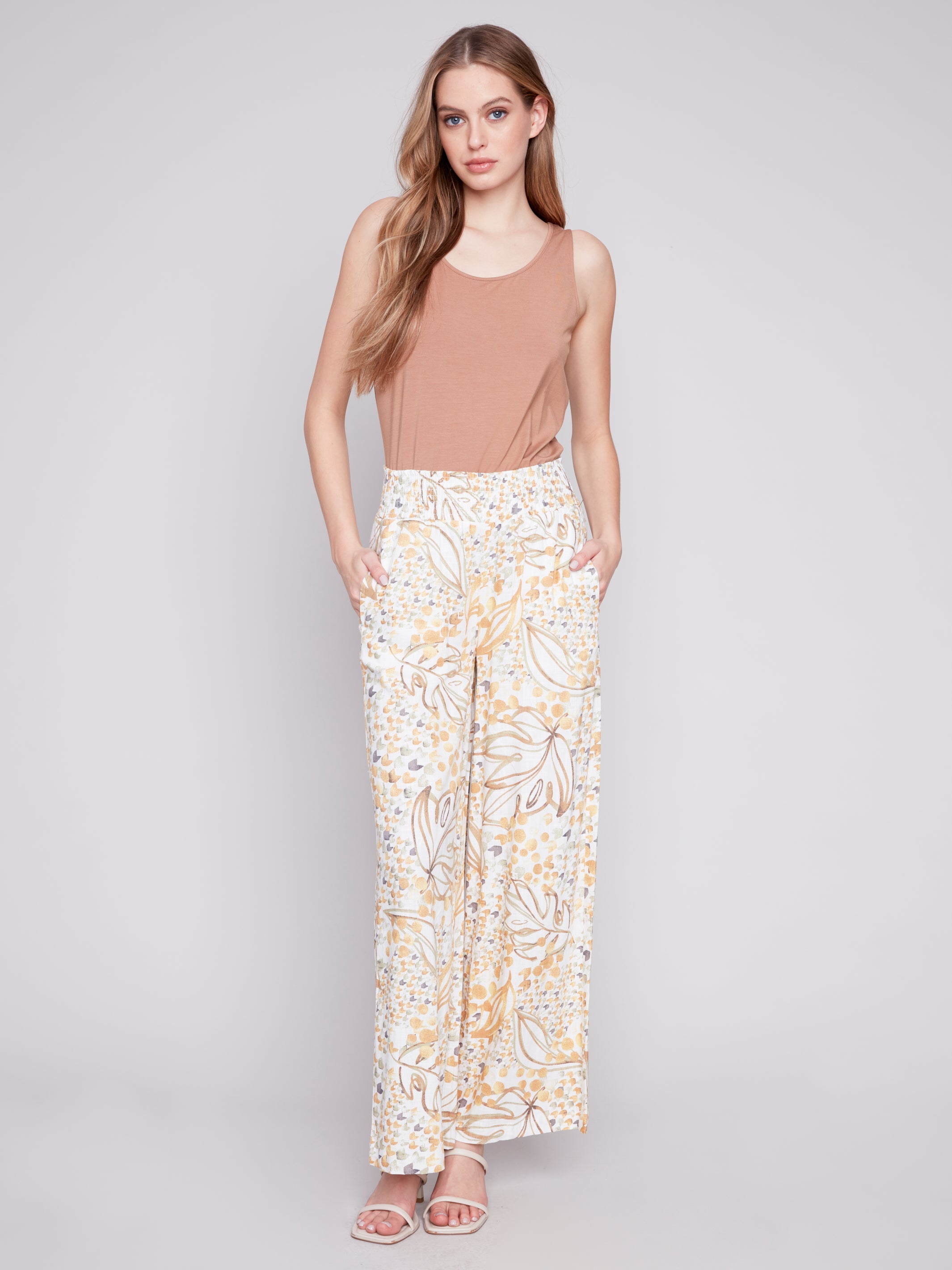 PRINTED LINEN PULL ON PANT - Coriander