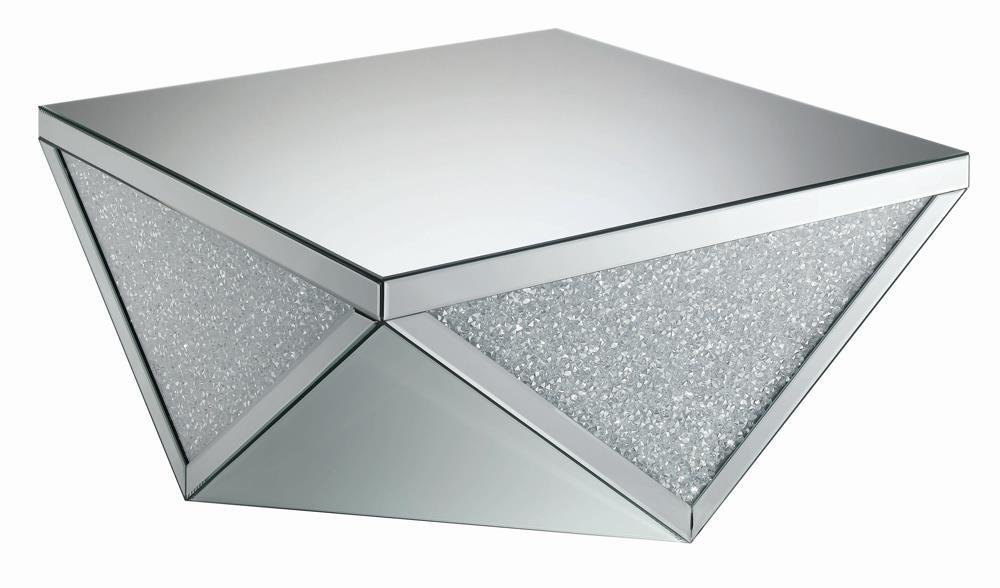 Silver and Clear Mirror Amore Square Coffee Table with Intricate Triangle Detailing