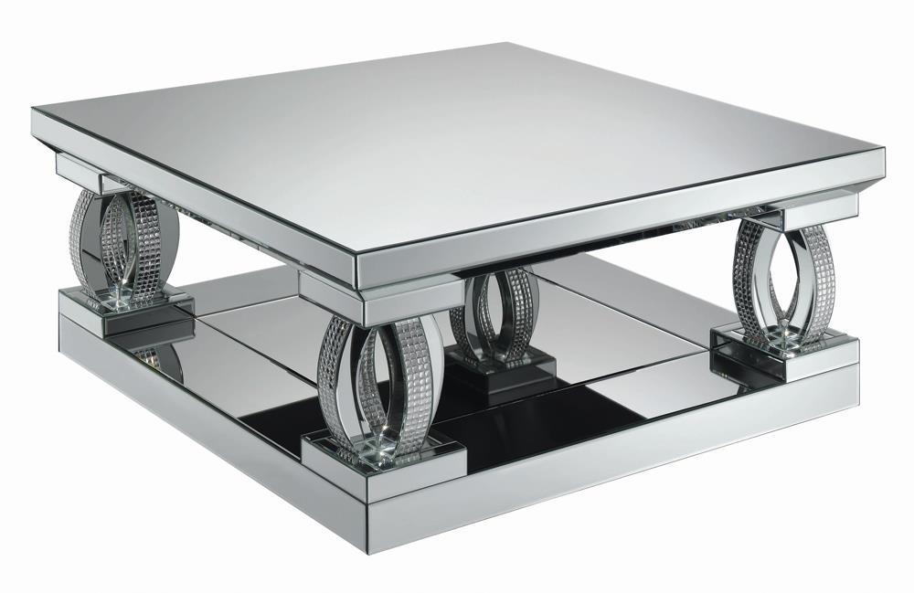 Amalia Square Coffee Table Featuring a Lower Shelf with Clear Mirror