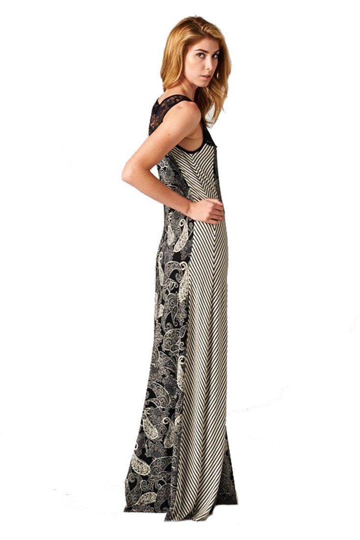 Sleeveless Black White Paisley Striped Mixed Media Lace Maxi Dress ...