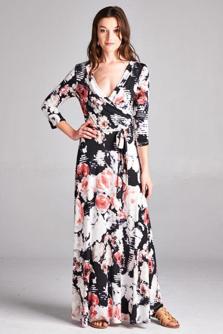 3/4 Sleeve Black Floral Abstract Multicolor Maxi Dress - Niobe Clothing