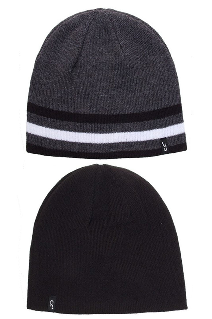 Skull Cap Striped Trim Reversible Beanie