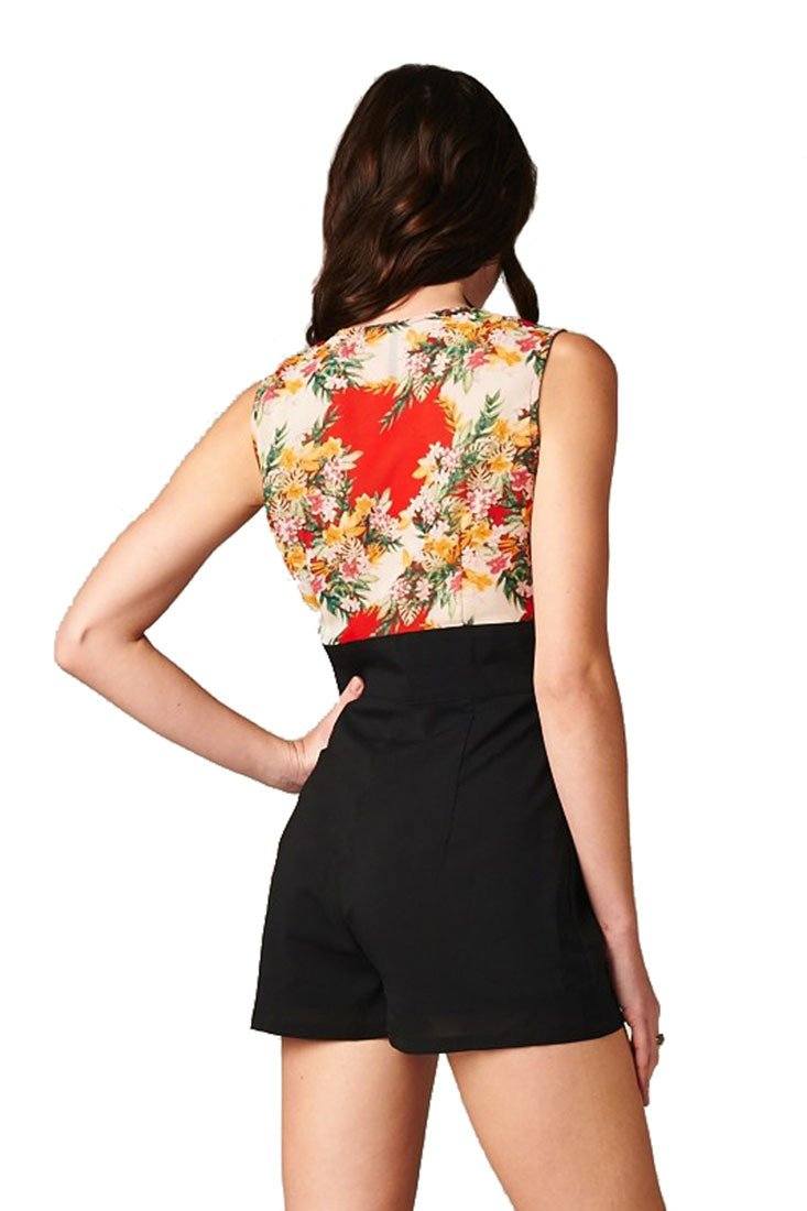 Flower Print Sleeveless Front Zipper Closure One Piece Romper Shorts ...