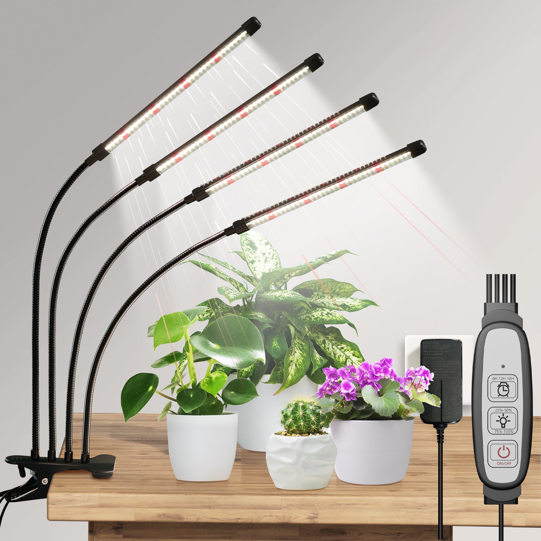 (10 Sets - Wholesale) CLIP & GROW, Gooseneck LED Grow Lights, 4 Heads, 5000K