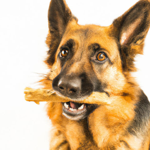 Duitse Herder die een natuurlijke hondensnack eet. 