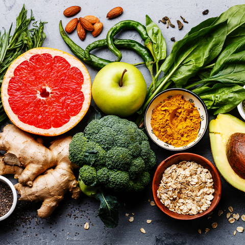 Image of a selection of fresh fruit and vegetables on a table